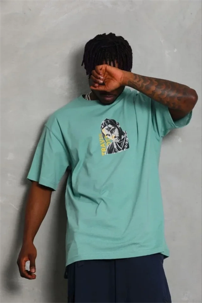 Erkek Baskılı T-Shirt Kısa Kol Bisiklet Yaka Regular Fit Rahat Kalıp Günlük Tişört - Mint Yeşili