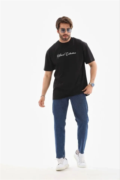 Erkek Baskılı T-Shirt Kısa Kol Bisiklet Yaka Regular Fit Rahat Kalıp Günlük Tişört - Siyah