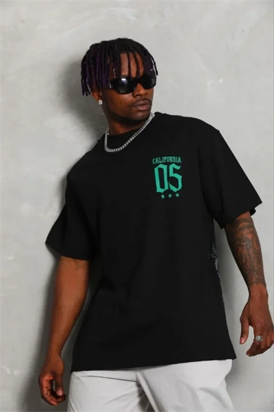 Erkek Baskılı T-Shirt Kısa Kol Bisiklet Yaka Regular Fit Rahat Kalıp Günlük Tişört - Siyah