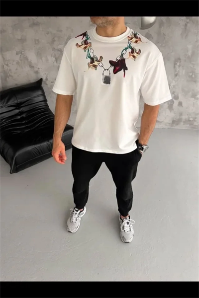 Erkek Baskılı T-Shirt Kısa Kol Bisiklet Yaka Regular Fit Rahat Kalıp Günlük Tişört - Beyaz
