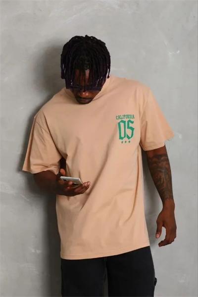 Erkek Baskılı T-Shirt Kısa Kol Bisiklet Yaka Regular Fit Rahat Kalıp Günlük Tişört - Bej