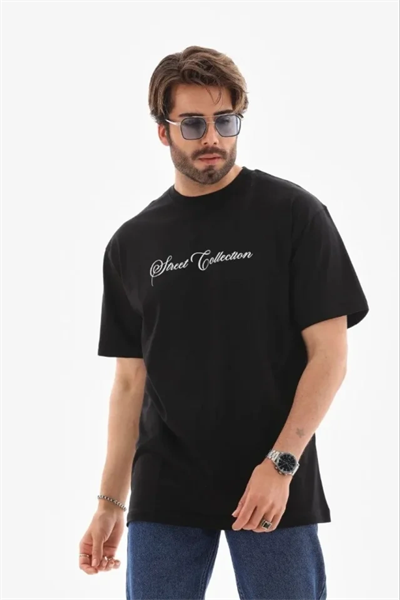 Erkek Baskılı T-Shirt Kısa Kol Bisiklet Yaka Regular Fit Rahat Kalıp Günlük Tişört - Siyah