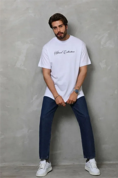 Erkek Baskılı T-Shirt Kısa Kol Bisiklet Yaka Regular Fit Rahat Kalıp Günlük Tişört - Beyaz