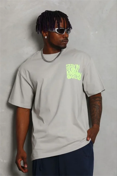 Erkek Baskılı T-Shirt Kısa Kol Bisiklet Yaka Regular Fit Rahat Kalıp Günlük Tişört - Gri