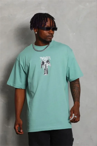 Erkek Baskılı T-Shirt Kısa Kol Bisiklet Yaka Regular Fit Rahat Kalıp Günlük Tişört - Mint Yeşili