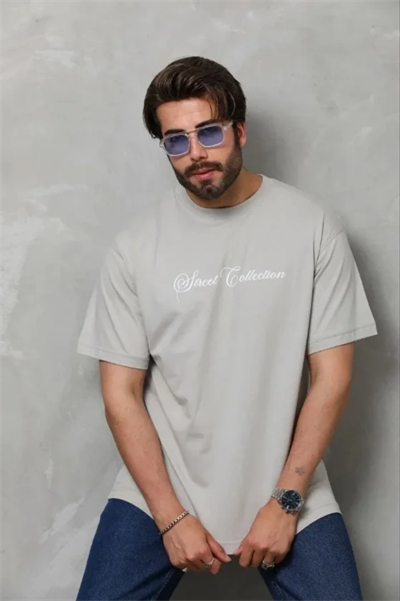 Erkek Baskılı T-Shirt Kısa Kol Bisiklet Yaka Regular Fit Rahat Kalıp Günlük Tişört - Gri