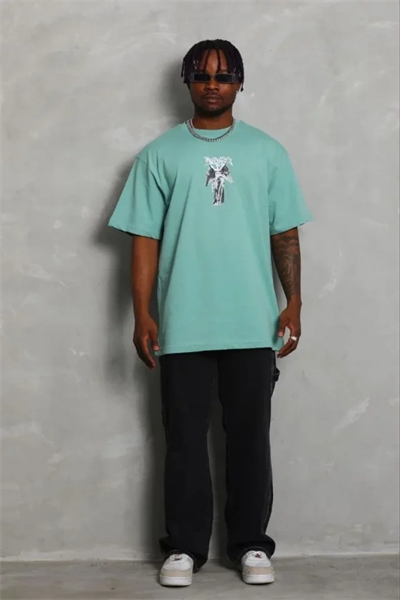 Erkek Baskılı T-Shirt Kısa Kol Bisiklet Yaka Regular Fit Rahat Kalıp Günlük Tişört - Mint Yeşili