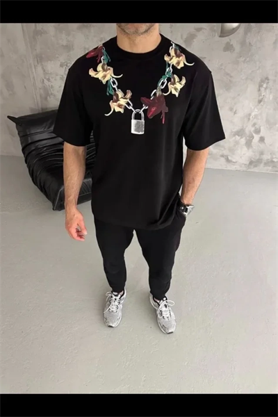 Erkek Baskılı T-Shirt Kısa Kol Bisiklet Yaka Regular Fit Rahat Kalıp Günlük Tişört - Siyah