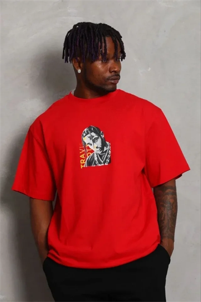 Erkek Baskılı T-Shirt Kısa Kol Bisiklet Yaka Regular Fit Rahat Kalıp Günlük Tişört - Kırmızı