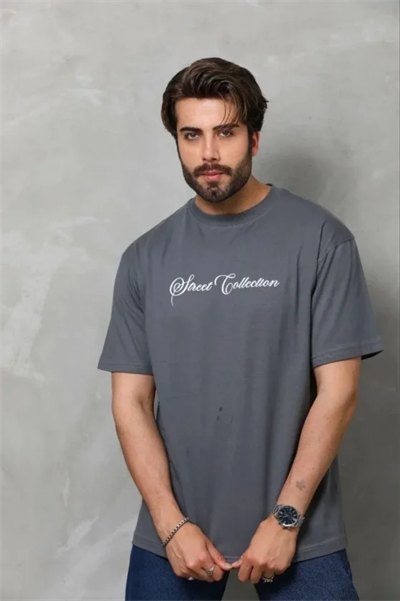 Erkek Baskılı T-Shirt Kısa Kol Bisiklet Yaka Regular Fit Rahat Kalıp Günlük Tişört - Füme