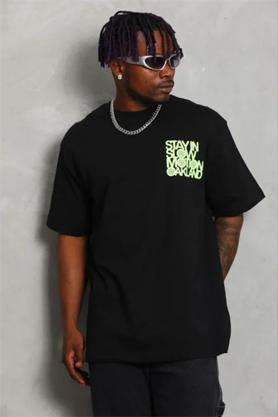 Erkek Baskılı T-Shirt Kısa Kol Bisiklet Yaka Regular Fit Rahat Kalıp Günlük Tişört - Siyah