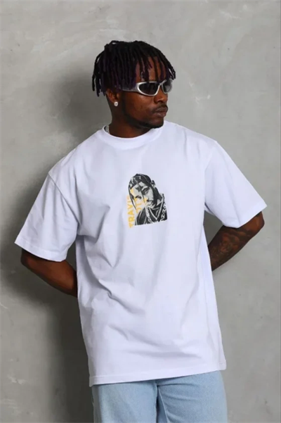 Erkek Baskılı T-Shirt Kısa Kol Bisiklet Yaka Regular Fit Rahat Kalıp Günlük Tişört - Beyaz