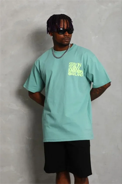 Erkek Baskılı T-Shirt Kısa Kol Bisiklet Yaka Regular Fit Rahat Kalıp Günlük Tişört - Mint Yeşili