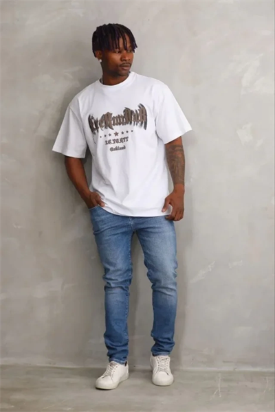 Erkek Baskılı T-Shirt Kısa Kol Bisiklet Yaka Regular Fit Rahat Kalıp Günlük Tişört - Beyaz
