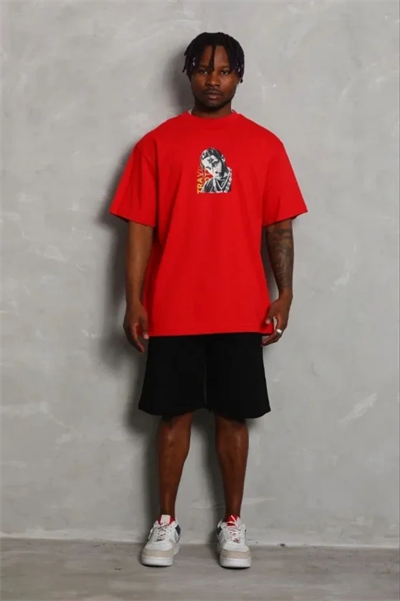 Erkek Baskılı T-Shirt Kısa Kol Bisiklet Yaka Regular Fit Rahat Kalıp Günlük Tişört - Kırmızı