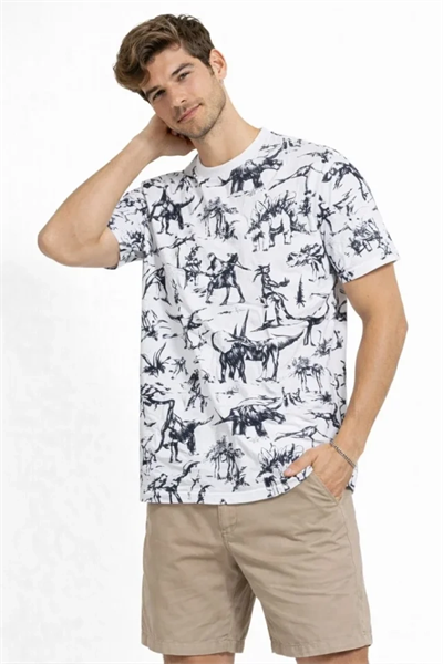 Erkek Beyaz Dinozor Desenli Tişört – Regular Fit, Bisiklet Yaka, Dijital Baskılı Pamuklu T-Shirt - Beyaz