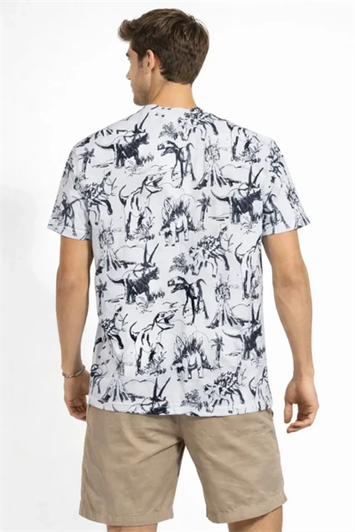 Erkek Beyaz Dinozor Desenli Tişört – Regular Fit, Bisiklet Yaka, Dijital Baskılı Pamuklu T-Shirt - Beyaz