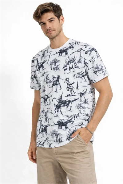Erkek Beyaz Dinozor Desenli Tişört – Regular Fit, Bisiklet Yaka, Dijital Baskılı Pamuklu T-Shirt - Beyaz