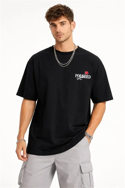 Erkek Bisiklet Yaka Baskılı  Kısa Kollu Tişört Streetwear Günlük Basic Pamuklu T-shirt - Siyah