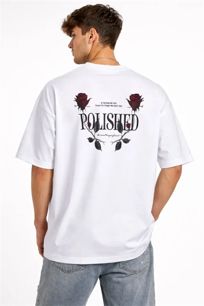 Erkek Bisiklet Yaka Baskılı Kısa Kollu Tişört Streetwear Günlük Basic Pamuklu T-shirt - Beyaz
