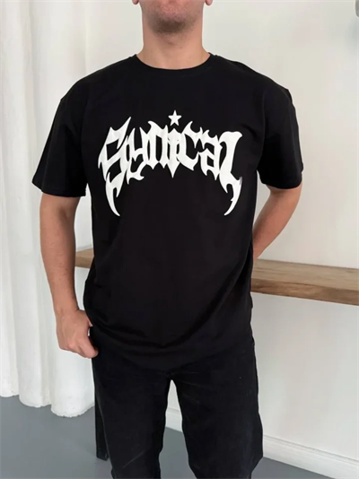 Erkek Bisiklet Yaka Ön Baskılı  Kısa Kollu Tişört Streetwear Günlük Basic Pamuklu T-shirt - Siyah