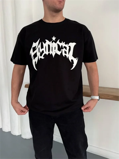 Erkek Bisiklet Yaka Ön Baskılı  Kısa Kollu Tişört Streetwear Günlük Basic Pamuklu T-shirt - Siyah