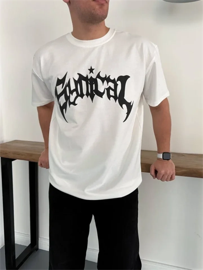 Erkek Bisiklet Yaka Ön Baskılı Kısa Kollu Tişört Streetwear Günlük Basic Pamuklu T-shirt - Beyaz