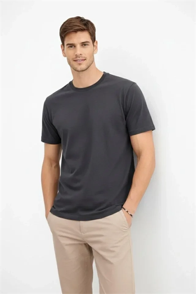 Erkek Bisiklet Yaka Tişört Regular Kalıp Basic Pamuklu Günlük Kullanım T-shirt - Füme