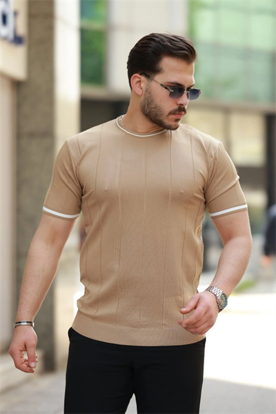 Erkek Bisiklet Yaka çizgi Desenli Ribanalı Kısa Kollu Tshirt