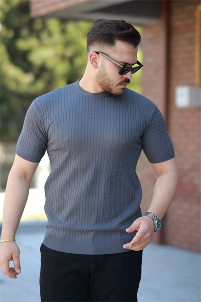 Erkek Bisiklet Yaka örgü Desenli Kısa örme Triko Kısa Kollu T-shirt