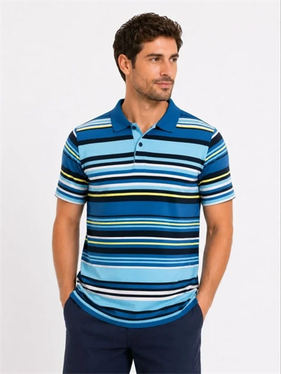 Erkek Çizgili Polo Yaka Tişört Kısa Kol Yazlık T-Shirt Regular Fit - Mavi