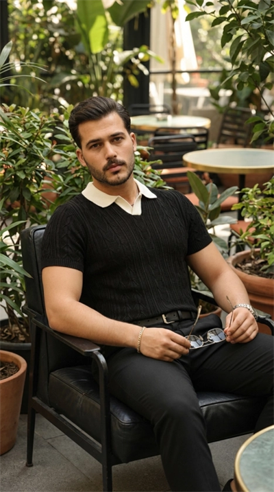Erkek Desenli Kısa Kollu Triko Tişört - %100 Pamuk Akrilik