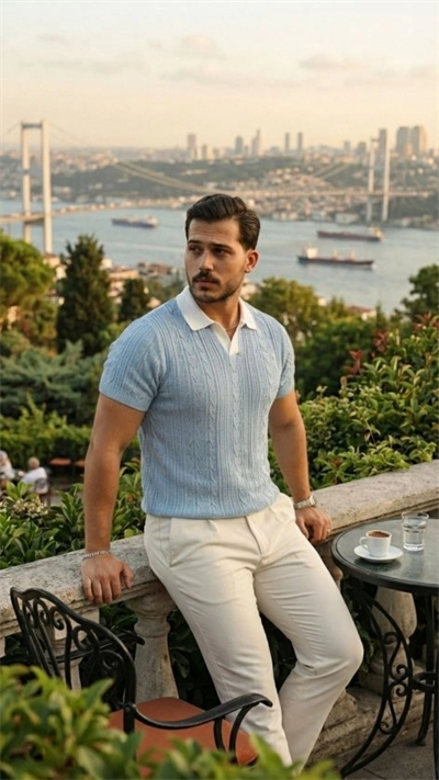 Erkek Desenli Kısa Kollu Triko Tişört - %100 Pamuk Akrilik