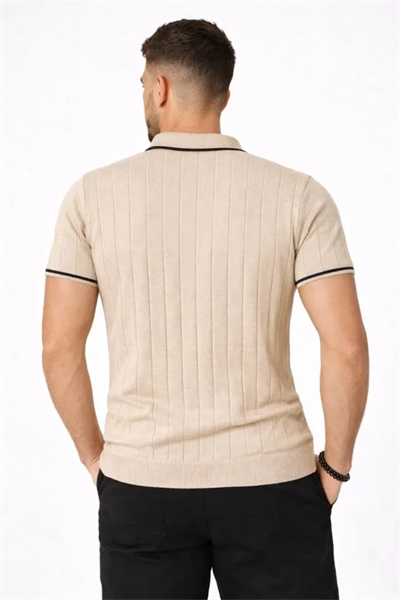 Erkek Fermuarlı Yaka Fitilli Triko Kısa Kollu Regular Fit Tişört T-shirt - Bej