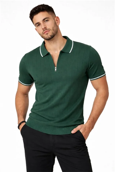Erkek Fermuarlı Yaka Fitilli Triko Kısa Kollu Regular Fit Tişört T-shirt - Yeşil