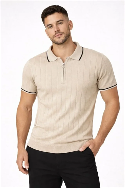 Erkek Fermuarlı Yaka Fitilli Triko Kısa Kollu Regular Fit Tişört T-shirt - Bej