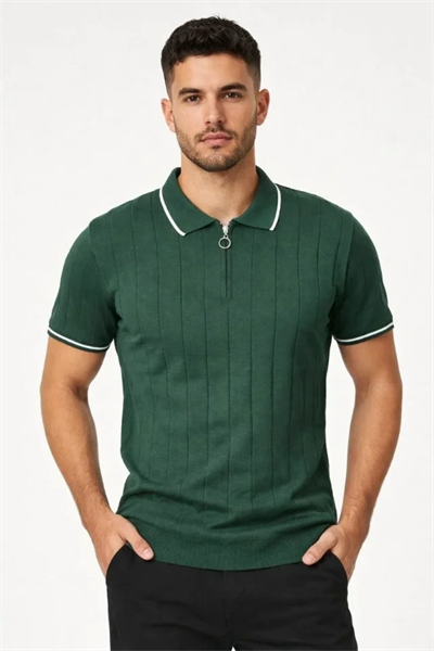 Erkek Fermuarlı Yaka Fitilli Triko Kısa Kollu Regular Fit Tişört T-shirt - Yeşil