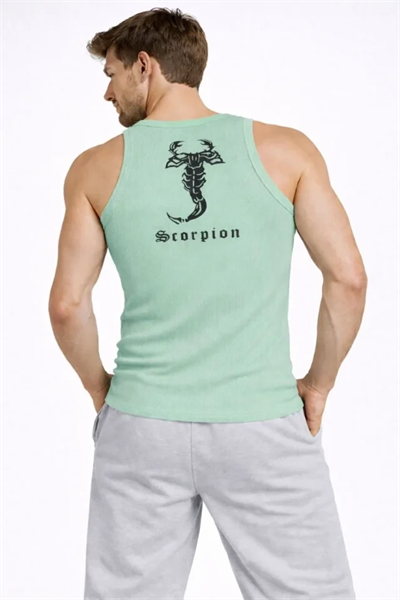 Erkek Fitilli Atlet Sıfır Yaka Slim Fit Arka Baskılı Spor Atlet - Mint Yeşili