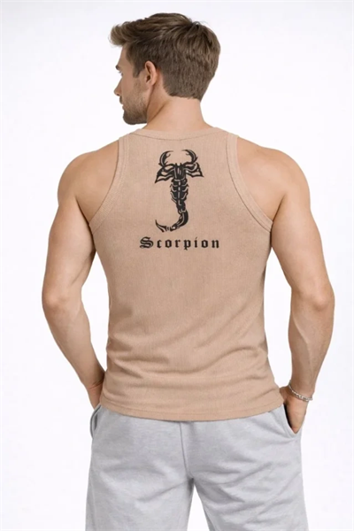 Erkek Fitilli Atlet Sıfır Yaka Slim Fit Arka Baskılı Spor Atlet - Bej