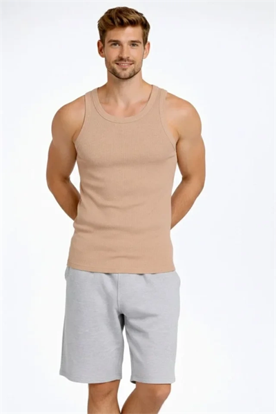 Erkek Fitilli Atlet Sıfır Yaka Slim Fit Arka Baskılı Spor Atlet - Bej