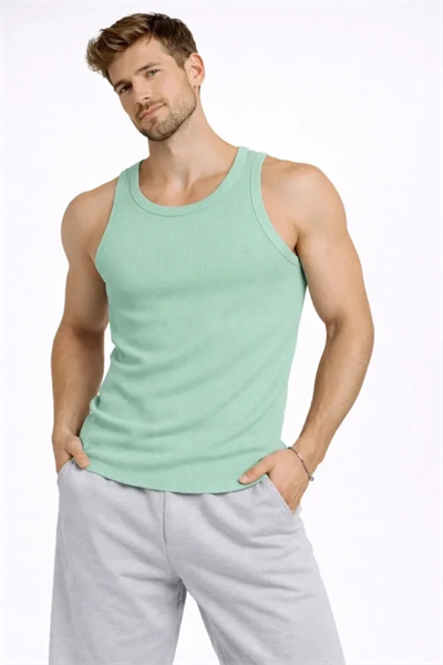 Erkek Fitilli Atlet Sıfır Yaka Slim Fit Arka Baskılı Spor Atlet - Mint Yeşili