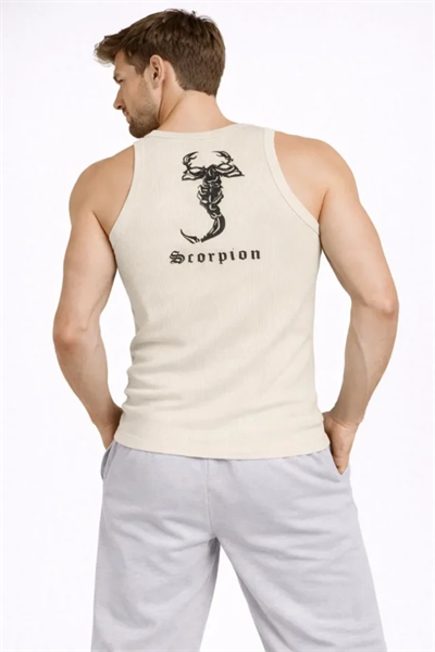 Erkek Fitilli Atlet Sıfır Yaka Slim Fit Arka Baskılı Spor Atlet - Krem