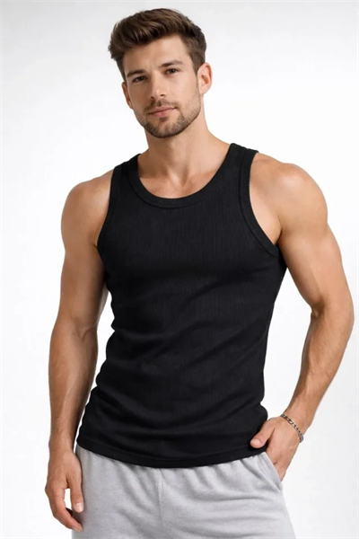 Erkek Fitilli Atlet Sıfır Yaka Slim Fit Arka Baskılı Spor Atlet - Siyah