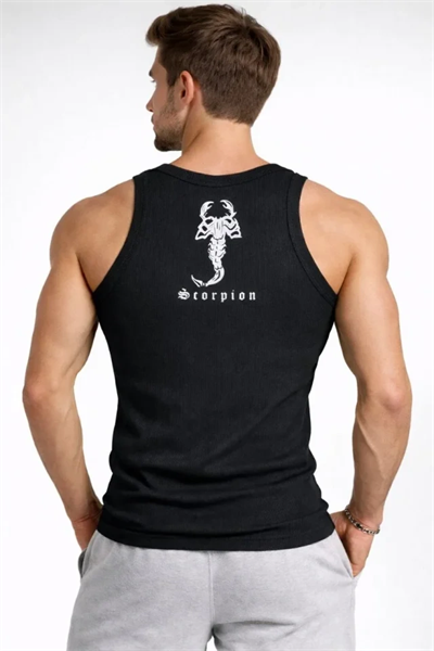 Erkek Fitilli Atlet Sıfır Yaka Slim Fit Arka Baskılı Spor Atlet - Siyah