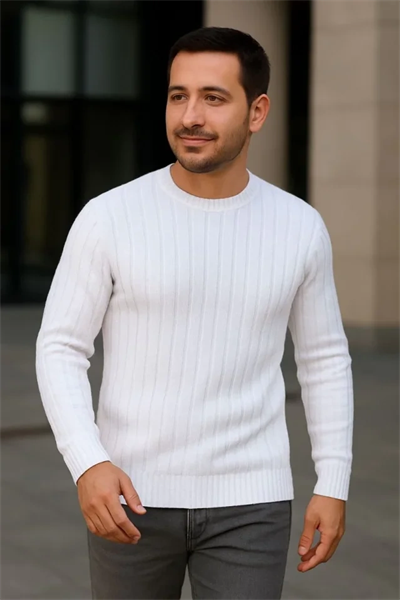 Erkek Fitilli Triko Bisiklet Yaka Kalın Kazak 4lü Set Beyaz-Bebek Mavisi-Gri-Siyah