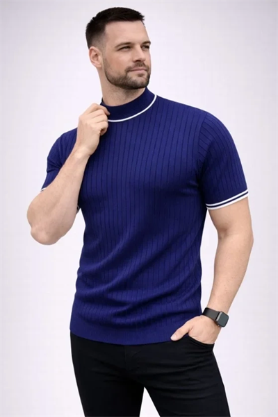 Erkek Fitilli Triko Dokuma Kısa Kol Tişört Yarım Boğaz Modern Yazlık T-Shirt - Lacivert