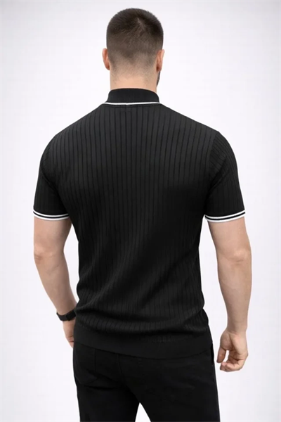 Erkek Fitilli Triko Dokuma Kısa Kol Tişört Yarım Boğaz Modern Yazlık T-Shirt - Siyah