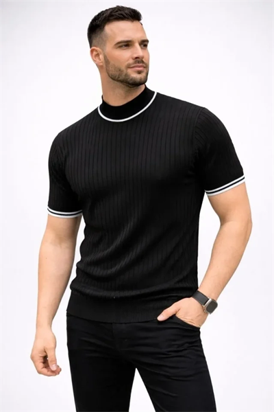 Erkek Fitilli Triko Dokuma Kısa Kol Tişört Yarım Boğaz Modern Yazlık T-Shirt - Siyah
