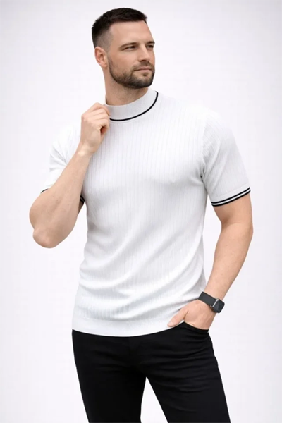 Erkek Fitilli Triko Dokuma Kısa Kol Tişört Yarım Boğaz Modern Yazlık T-Shirt - Beyaz