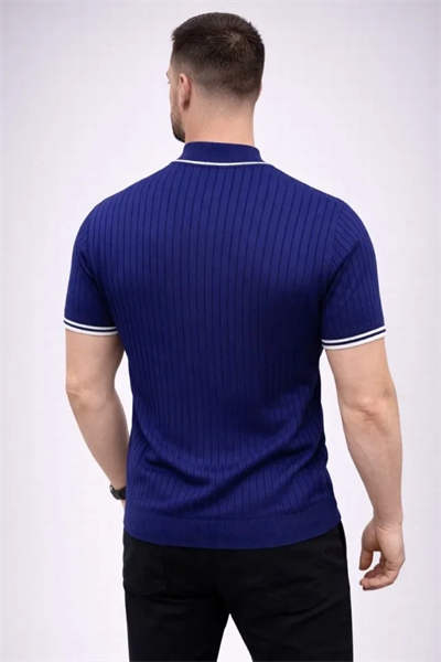 Erkek Fitilli Triko Dokuma Kısa Kol Tişört Yarım Boğaz Modern Yazlık T-Shirt - Lacivert